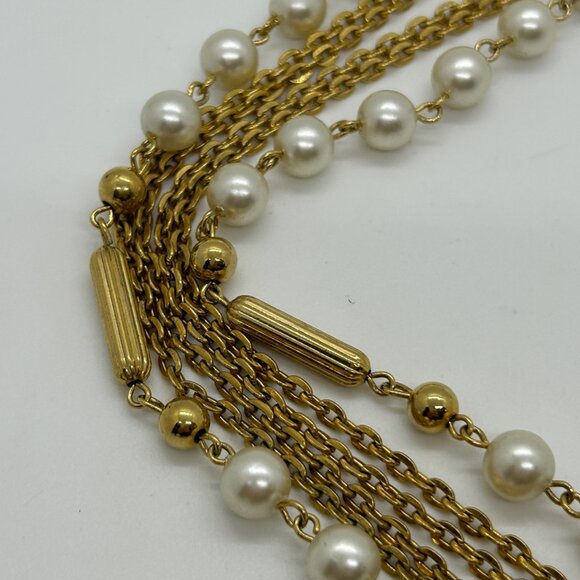 Vintage Faux Pearl Necklace Triple Strand Gold-Tone Chain Tassel Pendant 1970s - Picture 10 of 13